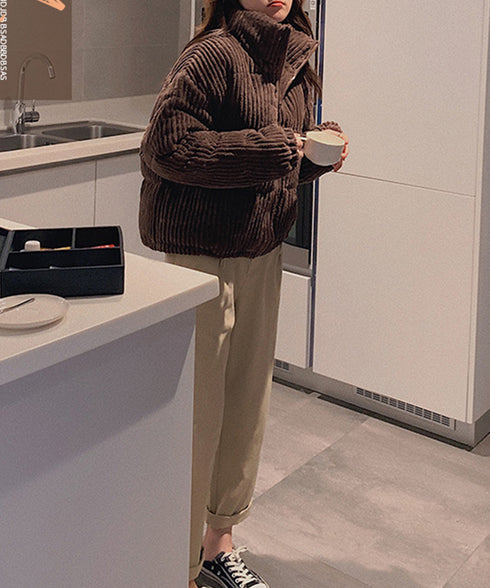 コーデュロイ 中綿ジャケット ショート丈 フェイクダウンジャケット レディース スタンドカラー 厚手ブルゾン 防寒防風 おしゃれ中綿コート あったかいアウター軽い 1MZL-001