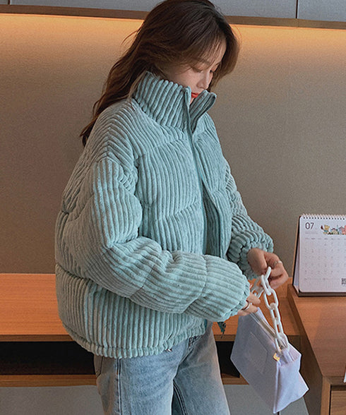 コーデュロイ 中綿ジャケット ショート丈 フェイクダウンジャケット レディース スタンドカラー 厚手ブルゾン 防寒防風 おしゃれ中綿コート あったかいアウター軽い 1MZL-001