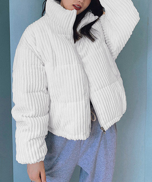 コーデュロイ 中綿ジャケット ショート丈 フェイクダウンジャケット レディース スタンドカラー 厚手ブルゾン 防寒防風 おしゃれ中綿コート あったかいアウター軽い 1MZL-001