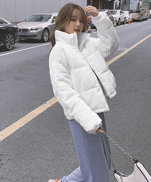 コーデュロイ 中綿ジャケット ショート丈 フェイクダウンジャケット レディース スタンドカラー 厚手ブルゾン 防寒防風 おしゃれ中綿コート あったかいアウター軽い 1MZL-001