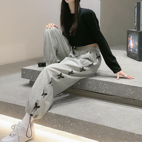 スウェットパンツ サイドバタフライ ロングパンツ レディース 韓国 サイドライン ドローストリング ジャージ 蝶々 ハイウエスト ワイドパンツ ゆったり 1PSH-001