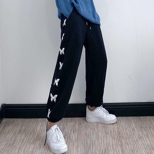 スウェットパンツ サイドバタフライ ロングパンツ レディース 韓国 サイドライン ドローストリング ジャージ 蝶々 ハイウエスト ワイドパンツ ゆったり 1PSH-001