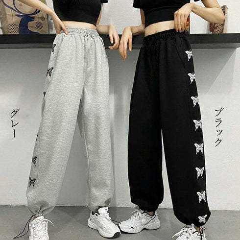 スウェットパンツ サイドバタフライ ロングパンツ レディース 韓国 サイドライン ドローストリング ジャージ 蝶々 ハイウエスト ワイドパンツ ゆったり 1PSH-001