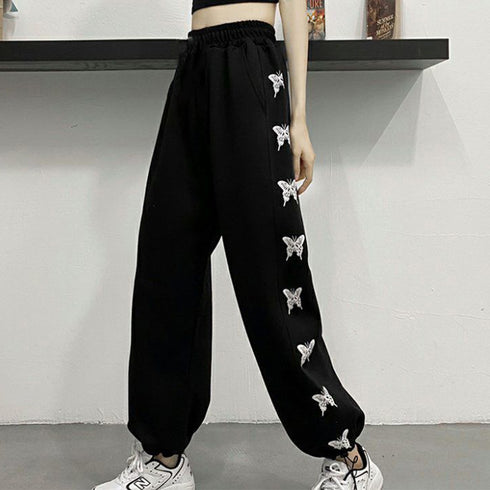 スウェットパンツ サイドバタフライ ロングパンツ レディース 韓国 サイドライン ドローストリング ジャージ 蝶々 ハイウエスト ワイドパンツ ゆったり 1PSH-001