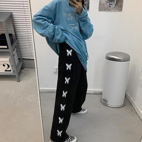 スウェットパンツ サイドバタフライ ロングパンツ レディース 韓国 サイドライン ドローストリング ジャージ 蝶々 ハイウエスト ワイドパンツ ゆったり 1PSH-001