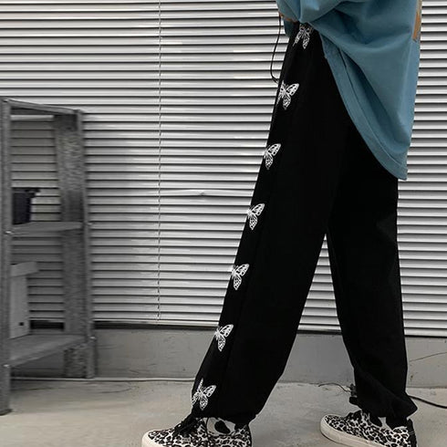 スウェットパンツ サイドバタフライ ロングパンツ レディース 韓国 サイドライン ドローストリング ジャージ 蝶々 ハイウエスト ワイドパンツ ゆったり 1PSH-001