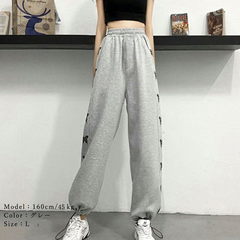スウェットパンツ サイドバタフライ ロングパンツ レディース 韓国 サイドライン ドローストリング ジャージ 蝶々 ハイウエスト ワイドパンツ ゆったり 1PSH-001