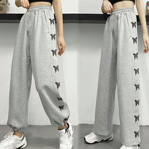 スウェットパンツ サイドバタフライ ロングパンツ レディース 韓国 サイドライン ドローストリング ジャージ 蝶々 ハイウエスト ワイドパンツ ゆったり 1PSH-001