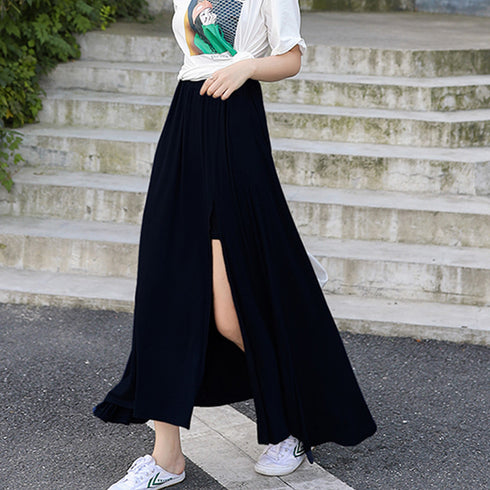 ロングスカートインナーショートパンツ付き フレアスカート レディース ウエストゴム 深スリットスカート 薄手春夏スカート きれいめカジュアル モーダルスカート美脚 1RIRIT-018