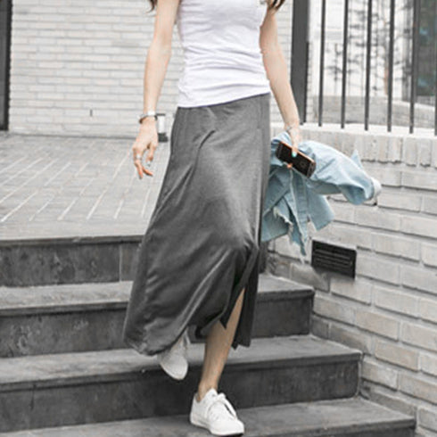 ロングスカートインナーショートパンツ付き フレアスカート レディース ウエストゴム 深スリットスカート 薄手春夏スカート きれいめカジュアル モーダルスカート美脚 1RIRIT-018