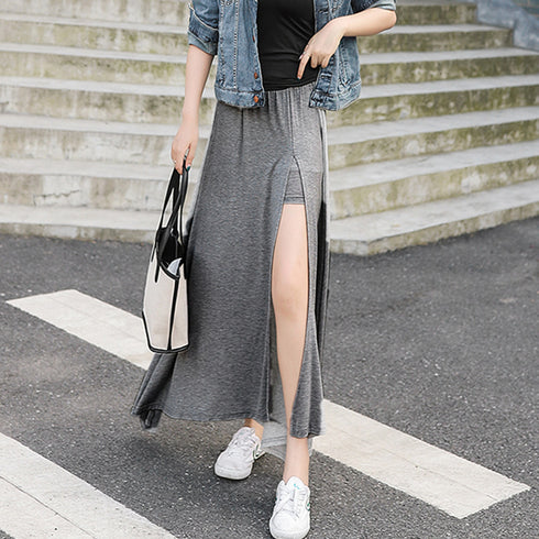 ロングスカートインナーショートパンツ付き フレアスカート レディース ウエストゴム 深スリットスカート 薄手春夏スカート きれいめカジュアル モーダルスカート美脚 1RIRIT-018