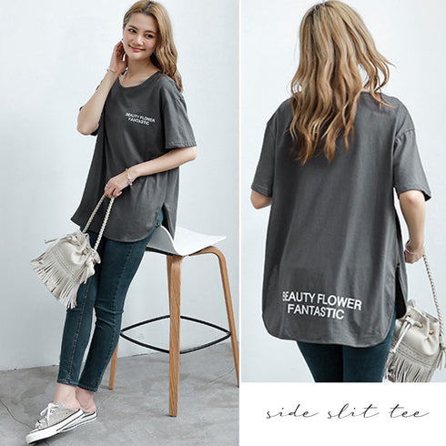 ロングtシャツ レディース 韓国 ロゴT 英字ロゴカットソー サイドスリット 体型カバー ゆったりトップス 半袖プルオーバー ビッグシルエット おしゃれ 夏服 1RIRIT-028