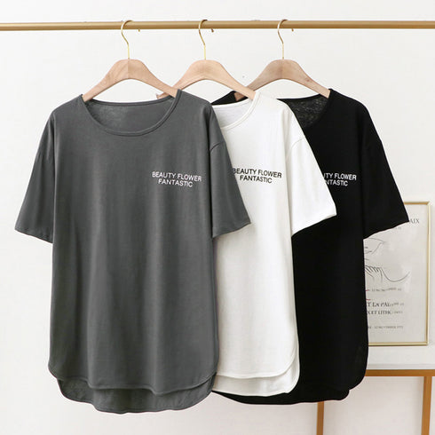 ロングtシャツ レディース 韓国 ロゴT 英字ロゴカットソー サイドスリット 体型カバー ゆったりトップス 半袖プルオーバー ビッグシルエット おしゃれ 夏服 1RIRIT-028