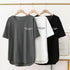 ロングtシャツ レディース 韓国 ロゴT 英字ロゴカットソー サイドスリット 体型カバー ゆったりトップス 半袖プルオーバー ビッグシルエット おしゃれ 夏服 1RIRIT-028