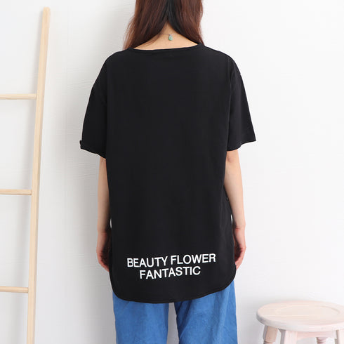 ロングtシャツ レディース 韓国 ロゴT 英字ロゴカットソー サイドスリット 体型カバー ゆったりトップス 半袖プルオーバー ビッグシルエット おしゃれ 夏服 1RIRIT-028