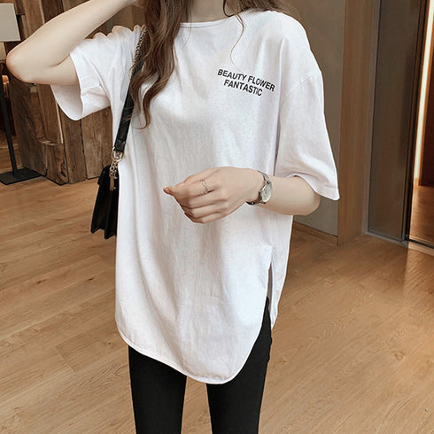 ロングtシャツ レディース 韓国 ロゴT 英字ロゴカットソー サイドスリット 体型カバー ゆったりトップス 半袖プルオーバー ビッグシルエット おしゃれ 夏服 1RIRIT-028