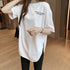 ロングtシャツ レディース 韓国 ロゴT 英字ロゴカットソー サイドスリット 体型カバー ゆったりトップス 半袖プルオーバー ビッグシルエット おしゃれ 夏服 1RIRIT-028