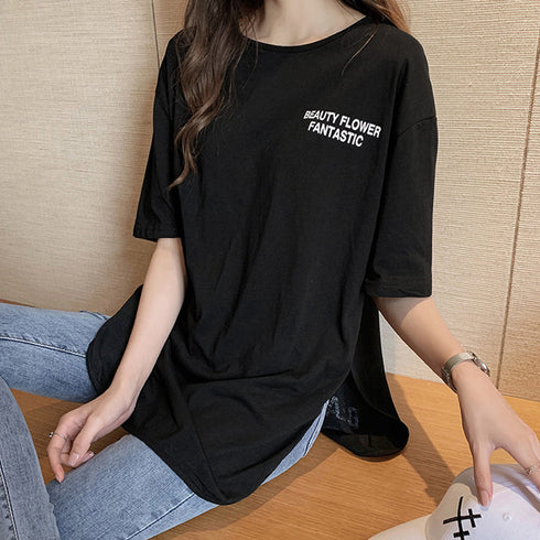 ロングtシャツ レディース 韓国 ロゴT 英字ロゴカットソー サイドスリット 体型カバー ゆったりトップス 半袖プルオーバー ビッグシルエット おしゃれ 夏服 1RIRIT-028