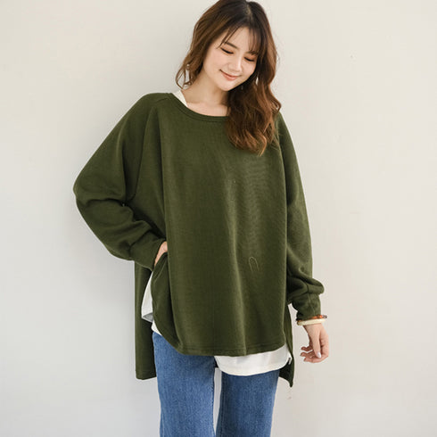 カットソーチュニック 春 ロンT 前後差 レディース オシャレ 長袖 ロングTシャツ レイヤード スリットチュニック 無地ラウンドネック プルオーバー ゆったり 1RIRIT-038