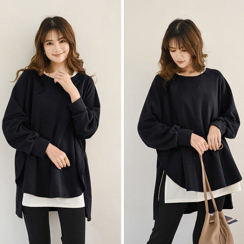 カットソーチュニック 春 ロンT 前後差 レディース オシャレ 長袖 ロングTシャツ レイヤード スリットチュニック 無地ラウンドネック プルオーバー ゆったり 1RIRIT-038