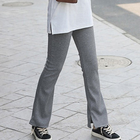 フレア レギンス サイドスリット 韓国風 セミフレア リブレギンス ウエストゴム レディース ボトムス カジュアル 美脚 ストレッチパンツ ロング丈 らくちん 1RIRIT-040