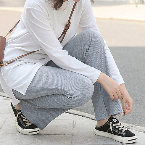 フレア レギンス サイドスリット 韓国風 セミフレア リブレギンス ウエストゴム レディース ボトムス カジュアル 美脚 ストレッチパンツ ロング丈 らくちん 1RIRIT-040