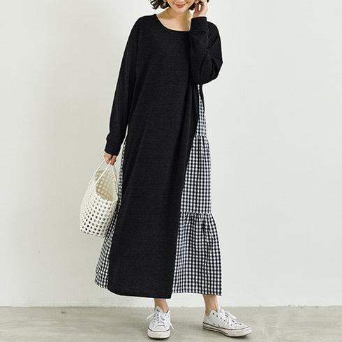 韓国 ドッキングワンピース 長袖 春夏秋 ギンガムチェック シャツ 切り替え ワンピース ロング丈 マキシワンピース きれいめ レディース カジュアルワンピース 1RIRIT-042