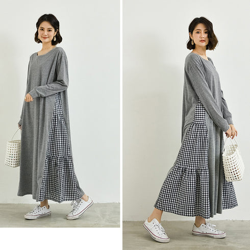 韓国 ドッキングワンピース 長袖 春夏秋 ギンガムチェック シャツ 切り替え ワンピース ロング丈 マキシワンピース きれいめ レディース カジュアルワンピース 1RIRIT-042