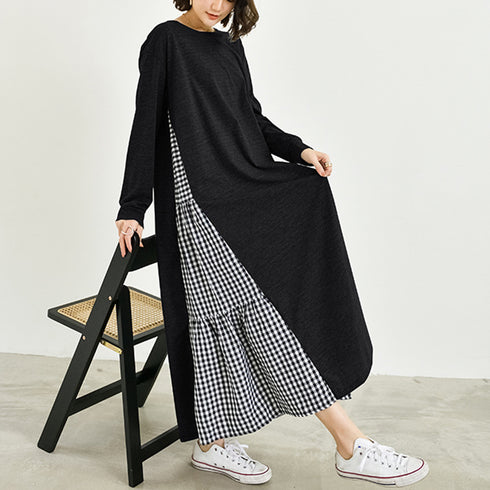 韓国 ドッキングワンピース 長袖 春夏秋 ギンガムチェック シャツ 切り替え ワンピース ロング丈 マキシワンピース きれいめ レディース カジュアルワンピース 1RIRIT-042