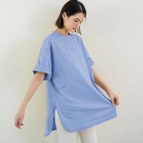 チュニックtシャツ レディース スリット ゆったり カットソー 韓国 半袖 サマーTシャツ オーバーサイズ シンプル ロング丈トップス 体型カバー 着やせ 夏服 1RIRIT-045