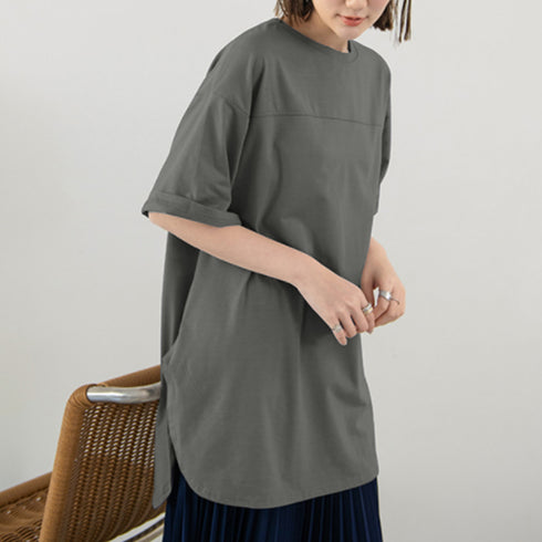 チュニックtシャツ レディース スリット ゆったり カットソー 韓国 半袖 サマーTシャツ オーバーサイズ シンプル ロング丈トップス 体型カバー 着やせ 夏服 1RIRIT-045
