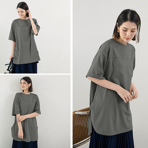 チュニックtシャツ レディース スリット ゆったり カットソー 韓国 半袖 サマーTシャツ オーバーサイズ シンプル ロング丈トップス 体型カバー 着やせ 夏服 1RIRIT-045