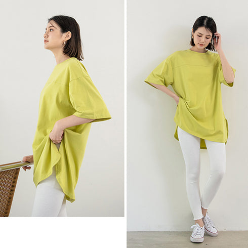 チュニックtシャツ レディース スリット ゆったり カットソー 韓国 半袖 サマーTシャツ オーバーサイズ シンプル ロング丈トップス 体型カバー 着やせ 夏服 1RIRIT-045