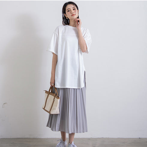 チュニックtシャツ レディース スリット ゆったり カットソー 韓国 半袖 サマーTシャツ オーバーサイズ シンプル ロング丈トップス 体型カバー 着やせ 夏服 1RIRIT-045