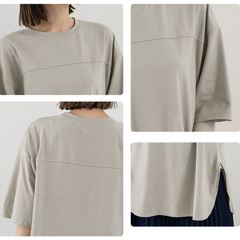 チュニックtシャツ レディース スリット ゆったり カットソー 韓国 半袖 サマーTシャツ オーバーサイズ シンプル ロング丈トップス 体型カバー 着やせ 夏服 1RIRIT-045