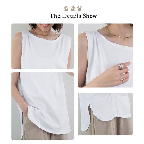 ロングタンクトップ サイドスリット 無地 ノースリーブトップス レディース ラウンド裾 ゆったりtシャツ 重ね着 チュニックカットソー ブラ紐が隠せる インナー夏 1RIRIT-046