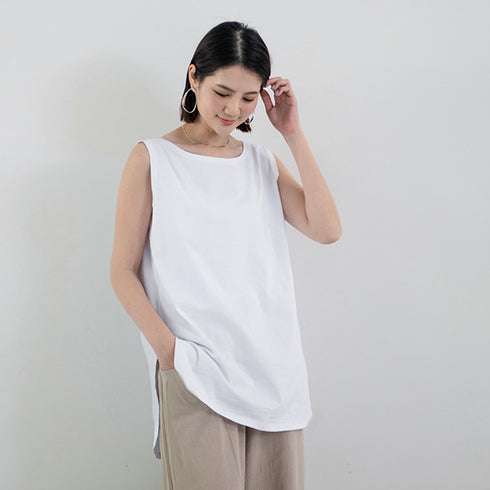 ロングタンクトップ サイドスリット 無地 ノースリーブトップス レディース ラウンド裾 ゆったりtシャツ 重ね着 チュニックカットソー ブラ紐が隠せる インナー夏 1RIRIT-046
