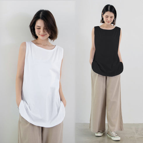 ロングタンクトップ サイドスリット 無地 ノースリーブトップス レディース ラウンド裾 ゆったりtシャツ 重ね着 チュニックカットソー ブラ紐が隠せる インナー夏 1RIRIT-046