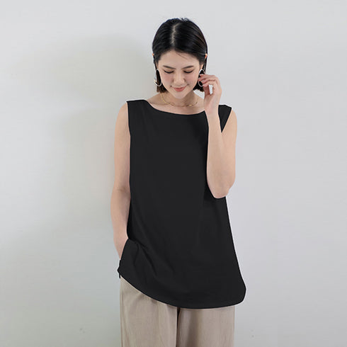 ロングタンクトップ サイドスリット 無地 ノースリーブトップス レディース ラウンド裾 ゆったりtシャツ 重ね着 チュニックカットソー ブラ紐が隠せる インナー夏 1RIRIT-046