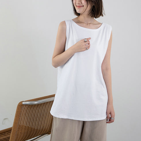 ロングタンクトップ サイドスリット 無地 ノースリーブトップス レディース ラウンド裾 ゆったりtシャツ 重ね着 チュニックカットソー ブラ紐が隠せる インナー夏 1RIRIT-046