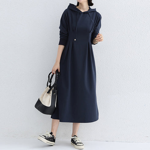ワンピース ウエストタックパーカーワンピ レディース フード付き スウェットワンピ ハイウエスト Aラインワンピース ポケット付き 大人 長袖カットソーワンピ 1RIRIT-048