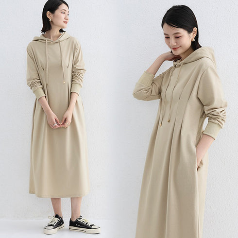 ワンピース ウエストタックパーカーワンピ レディース フード付き スウェットワンピ ハイウエスト Aラインワンピース ポケット付き 大人 長袖カットソーワンピ 1RIRIT-048