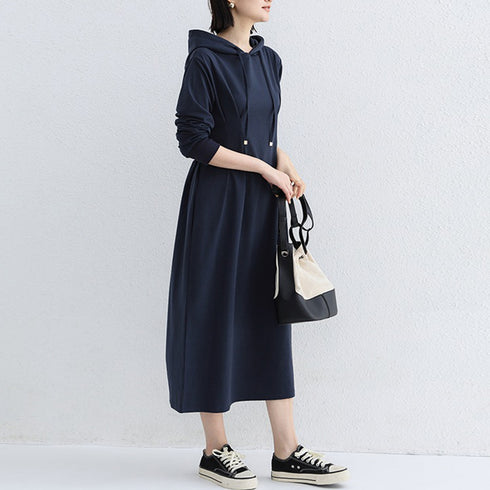 ワンピース ウエストタックパーカーワンピ レディース フード付き スウェットワンピ ハイウエスト Aラインワンピース ポケット付き 大人 長袖カットソーワンピ 1RIRIT-048