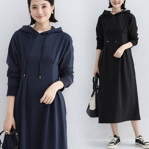 ワンピース ウエストタックパーカーワンピ レディース フード付き スウェットワンピ ハイウエスト Aラインワンピース ポケット付き 大人 長袖カットソーワンピ 1RIRIT-048