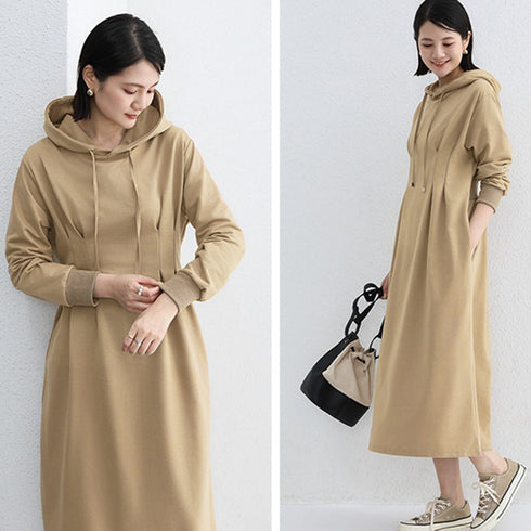 ワンピース ウエストタックパーカーワンピ レディース フード付き スウェットワンピ ハイウエスト Aラインワンピース ポケット付き 大人 長袖カットソーワンピ 1RIRIT-048