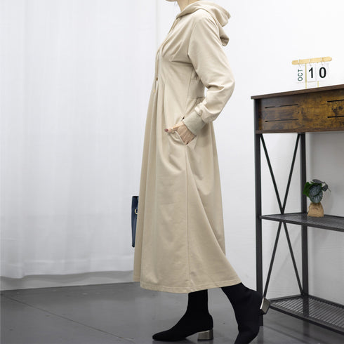 ワンピース ウエストタックパーカーワンピ レディース フード付き スウェットワンピ ハイウエスト Aラインワンピース ポケット付き 大人 長袖カットソーワンピ 1RIRIT-048