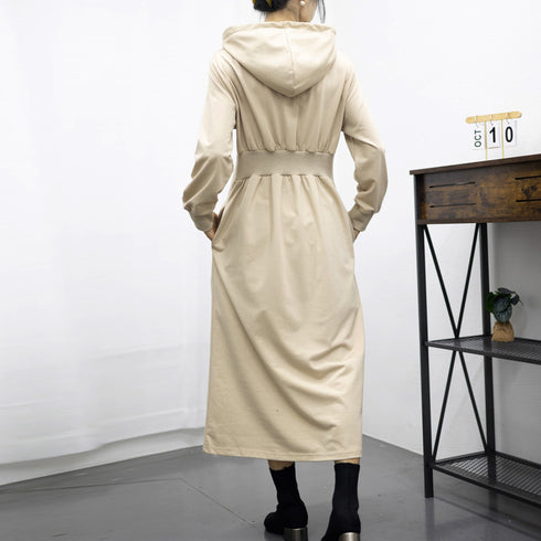 ワンピース ウエストタックパーカーワンピ レディース フード付き スウェットワンピ ハイウエスト Aラインワンピース ポケット付き 大人 長袖カットソーワンピ 1RIRIT-048