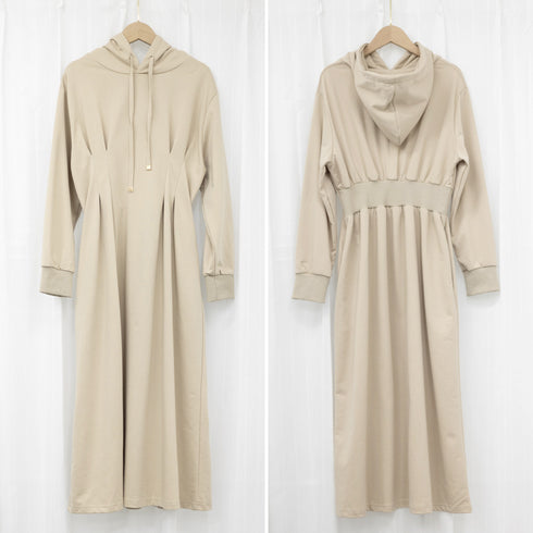 ワンピース ウエストタックパーカーワンピ レディース フード付き スウェットワンピ ハイウエスト Aラインワンピース ポケット付き 大人 長袖カットソーワンピ 1RIRIT-048