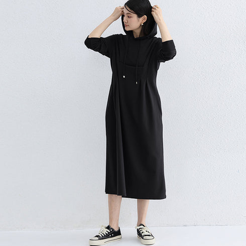 ワンピース ウエストタックパーカーワンピ レディース フード付き スウェットワンピ ハイウエスト Aラインワンピース ポケット付き 大人 長袖カットソーワンピ 1RIRIT-048