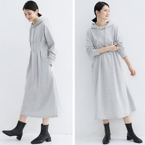 ワンピース ウエストタックパーカーワンピ レディース フード付き スウェットワンピ ハイウエスト Aラインワンピース ポケット付き 大人 長袖カットソーワンピ 1RIRIT-048